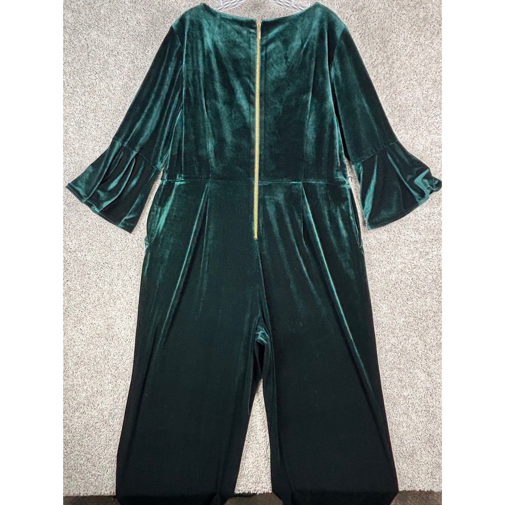 Calvin Klein Womens Green Velvet Wide Leg Jumpsuit Bell Sleeve Size 18W (READ) - Picture 5 of 14